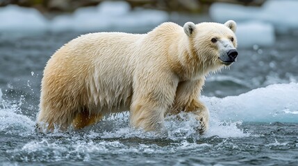 A majestic white polar bear walks through choppy Arctic waters with ice floes