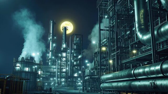 Industrial complex bathed in moonlight, metallic pipes glistening, faint mist rising, cinematic lighting creating ultra-realistic textures, blurred depth of field, moody atmosphere.