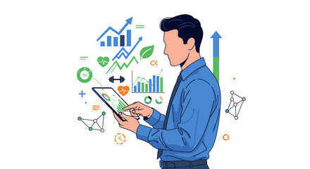 Businessman analyzing data on tablet business and technology concept.