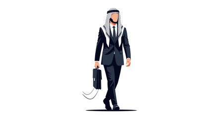 Obraz premium Arab businessman in suit with briefcase walking forward on white background.