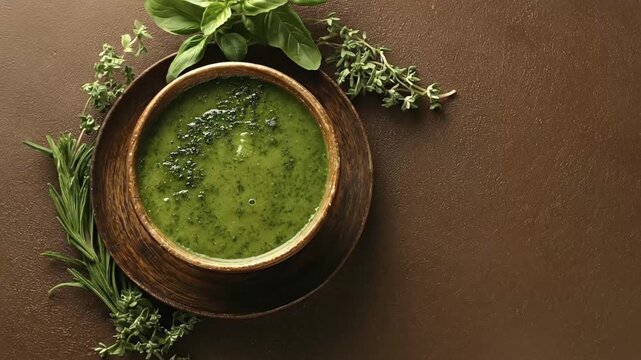 This appetizing overhead shot features a rustic wooden bowl filled with a vibrant green, creamy soup, garnished with a sprinkle of darker green herbs. Fresh sprigs of basil, thyme, and rosemary are el