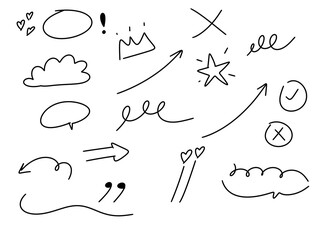 Diverse set of handdrawn doodle elements including arrows, stars, hearts, clouds, speech bubbles, and checkmarks, isolated on transparent background