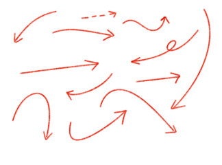 Assortment of handdrawn red arrows with a chalky texture, pointing in various directions, isolated on transparent background