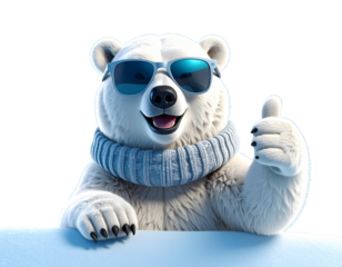 3D Animated Polar Bear with Sunglasses and Winter Gear — Thumbs Up Expression on Blue Background