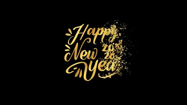 Golden Text " Happy New Year 2026 " calligraphy with fireworks and sparkling confetti on a black background.