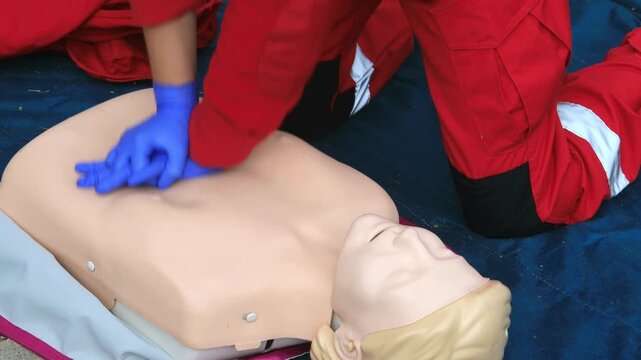 Professional emergency first aid training video showing a healthcare instructor performing proper CPR chest compressions on a realistic medical resuscitation mannequin outdoors