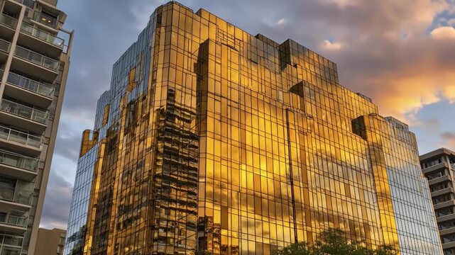 This captivating video showcases a sleek, modern high-rise building adorned with a magnificent golden-hued glass facade, dramatically reflecting the dynamic sky and atmospheric clouds. The architectur