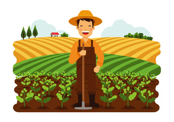 Happy farmer in overalls and hat stands in a field of crops, holding a tool, with rolling hills and a house in the background.