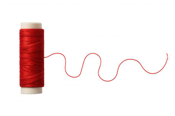 Red thread spool with unspooling string, symbolizing sewing, craft, and connectivity on transparent background