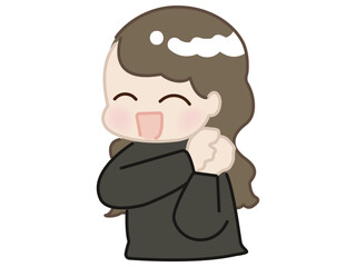 Cartoon happy girl in black clothing, cheering pose