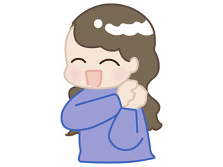 Cheerful girl in blue top with clasped hands – illustration