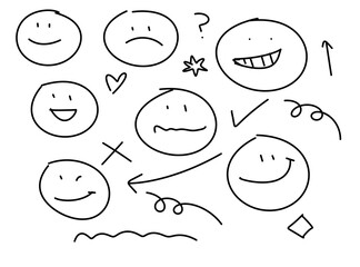 A collection of handdrawn smiley faces and doodles, including question marks, hearts, and arrows, isolated on a transparent background