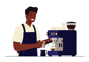 A smiling barista with dark skin prepares espresso using a blue coffee machine, holding a cup, wearing an apron.