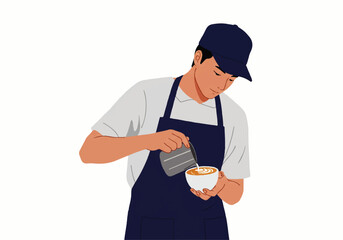 A barista wearing an apron carefully pours steamed milk into a cup of coffee, creating latte art.