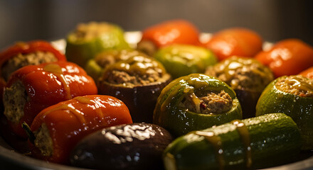 Delicious stuffed peppers, zucchini and eggplant glistening with savory sauce, a culinary masterpiece perfect for healthy eating campaigns and Mediterranean cuisine promotions