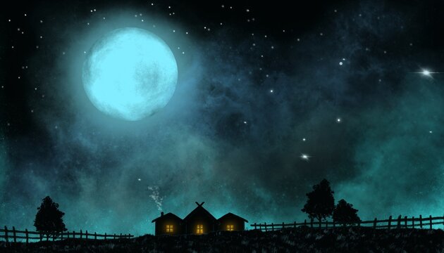 A country house illuminated on a night with a full moon and many stars. Simple and cute cartoon style drawing, from a tablet, for a background.