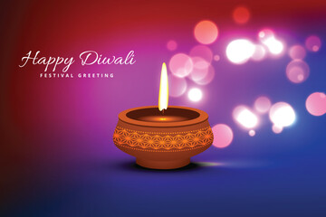Colorful Diwali greetings diya lamp glowing with bokeh background illustration. © Vi design