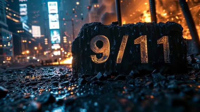 Fire engine driving past a damaged urban area with a 9/11 sign in the foreground, showing rubble, smoke, and destruction in the aftermath of a disaster scene