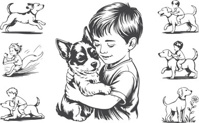 Engraving Child and Dog sketch hand drawn line art Silhouettes vector art illustration set