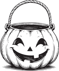 A hand-drawn Halloween pumpkin basket, a classic festive symbol. This charming illustration captures the playful spirit of Halloween, perfect for any spooky season project.