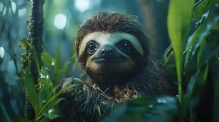 Fototapeta premium Adorable young sloth nestled among lush green jungle foliage looking curiously at the