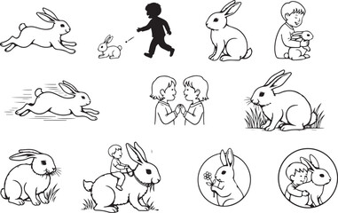Fototapeta premium Engraving Child and Rabbits sketch hand drawn line art Silhouettes vector art illustration. 