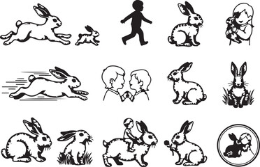 Engraving Child and Rabbits sketch hand drawn line art Silhouettes vector art illustration. 
