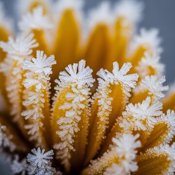 Macro Shot of Crystalline Frost on Xanthic Petals: Revealing Intricate Textures and Reflective Elegance in a Sleek Minimal, Upscale Style
