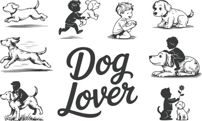 Engraving Child and Dog sketch hand drawn line art Silhouettes vector art illustration set