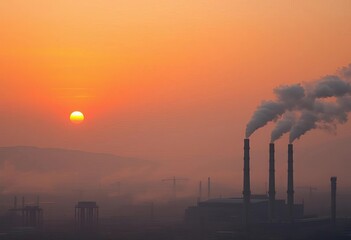 Sunset casts orange hues on smog-choked industrial landscape; factory chimneys belch pollution,  global warming,   industrial waste