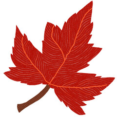 Detailed embroidered red maple leaf with visible stitching texture and brown stem