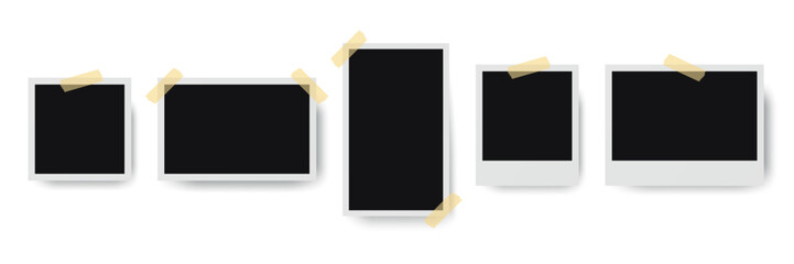 Empty retro photo frames with ribbon. Vintage templates for scrapbook or memory album. Realistic vector illustration with white borders on white background.
