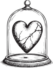 An intricate illustration depicts a delicate, fragile heart encased within a glass cloche. The image evokes feelings of vulnerability and the careful preservation of love.