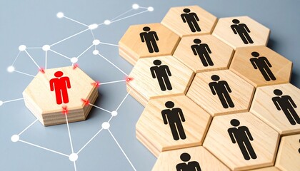 Red standout tile among connected wooden icons.