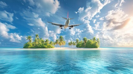 An airplane approaches a tropical island surrounded by clear blue waters and palm trees under a bright, sunny sky.