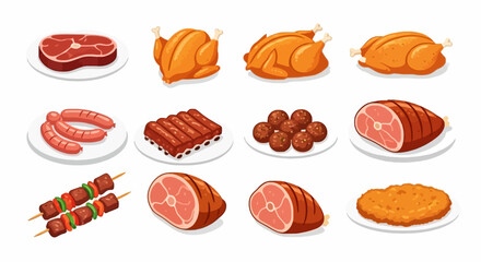 Twelve food illustrations depict various meats steak roasts ribs sausages meatballs shish kebabs fried chicken