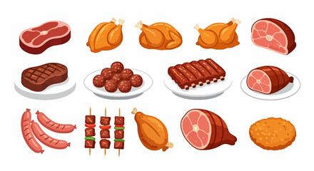 Twelve food illustrations depict various meats steak roasts ribs sausages meatballs shish kebabs fried chicken