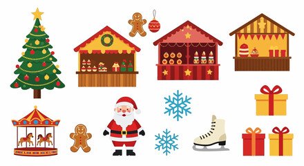 Christmasthemed vector illustration with tree stalls gingerbread Santa ornaments carousel snowflake skate and gift © Avra