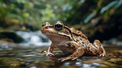 Obraz premium Detailed close up of a spotted brown frog resting in shallow stream water amidst lush forest foliage