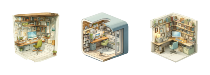 Home office design ideas creative spaces digital cozy, isolated on transparent background, png set