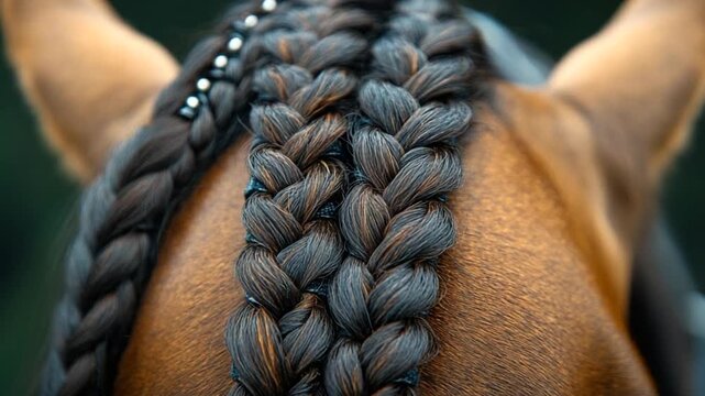 Intricate Braided Hairstyle on a Majestic Brown Horses Mane.