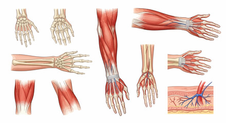 Anatomical illustrations depict bones muscles and vascular systems of the human hand and forearm