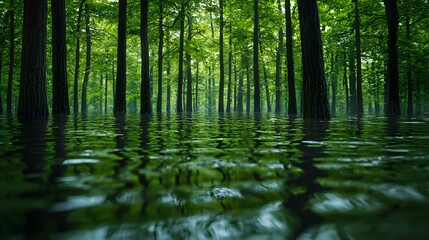 Obraz premium Flooded green forest with serene water reflections of lush trees
