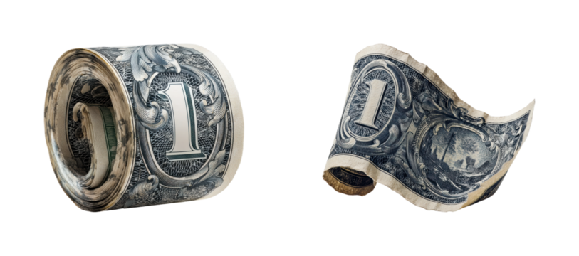 Monetary action one dollar bills financial, isolated on transparent background, png set