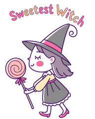 T-shirt Cute Witch Holding Lollipop Sweetest Witch Cartoon Vector