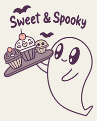 T-shirt Ghost Carrying Cupcake Tray Sweet Spooky Fun Cartoon