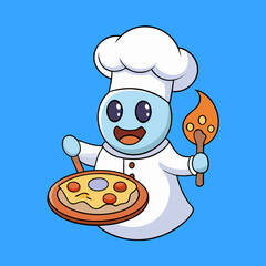 T-shirt Ghost Chef Baking Pizza Fun Cartoon Vector Illustration