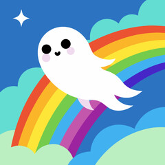 T-shirt Ghost Flying Through Rainbow Colored Sky Fun Cartoon Vector