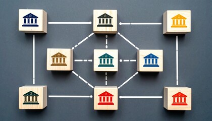 Interconnected bank icon blocks with arrows on blue grid.