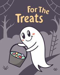 T-shirt Ghost Holding Candy Bucket Here For The Treats Fun Vector